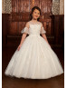 Beaded Ivory Lace Tulle Flower Girl Dress With Detachable Sleeves